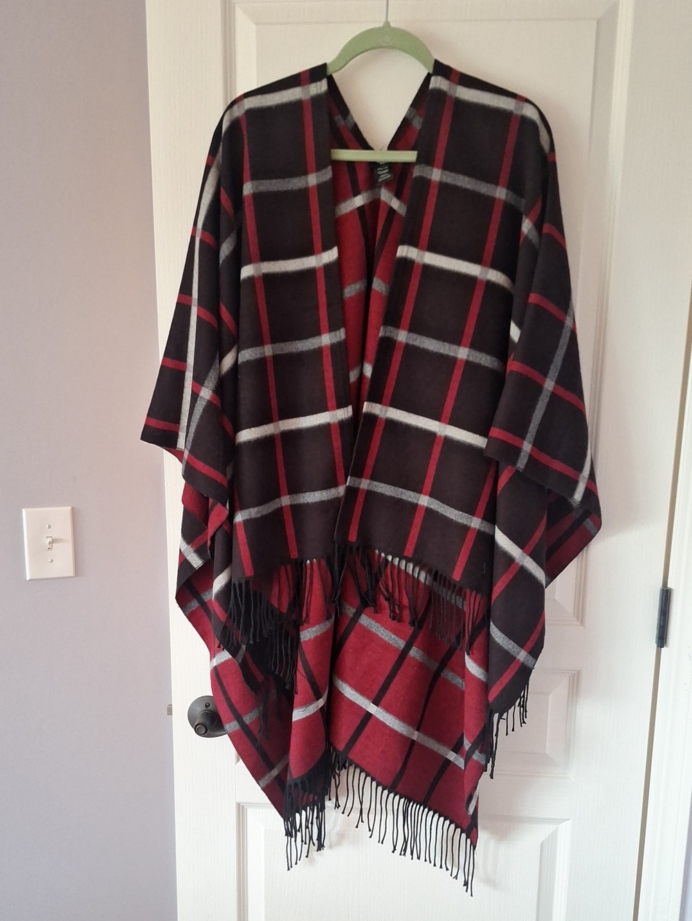 Plaid Fringe Open Front Poncho - Black & Red